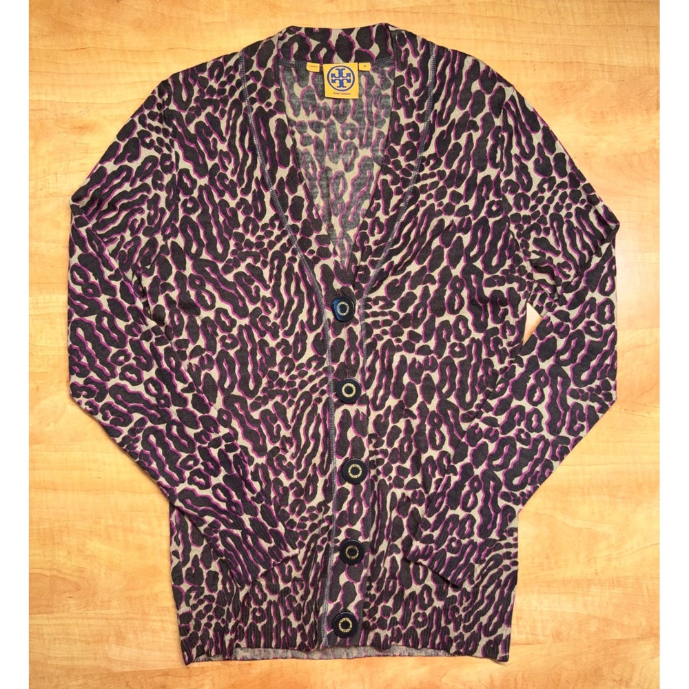 Tory Burch Simone Cardigan Merino Wool Leopard Print Purple Brown Size M